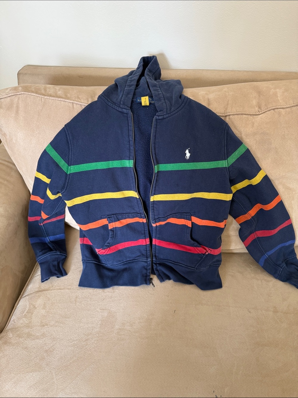 GUC Ralph Lauren Navy Zip Up Hoodie with Multicolor Stripe Accents